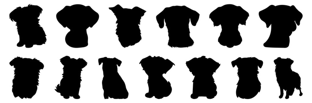 Dog silhouettes set, large pack of vector silhouette design, isolated white background.