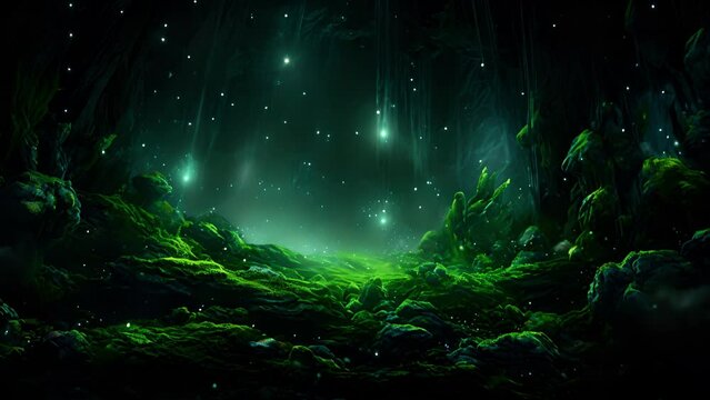In a dark, damp cave, a tiny patch of bioluminescent moss glows like a tiny galaxy within the darkness. The tiny particles appear to le and shimmer, creating a dazzling display of green light.