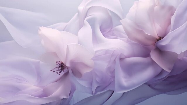 A delicate lilac blossom, seemingly made of diaphanous fabric, its petals dancing and billowing in an unseen breeze, creating a sense of softness and airiness.