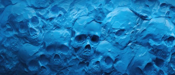 Frosted skeletal skulls embedded into translucent blue ice wall texture