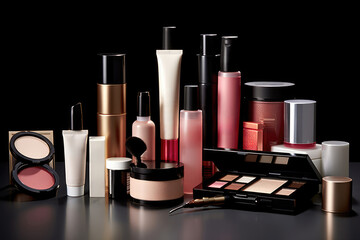 A set of cosmetic products, brushes, lipsticks, mascaras on a plain colored background.