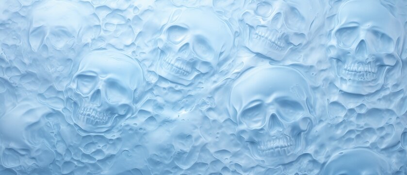 Frosted skeletal skulls embedded into translucent blue ice wall texture