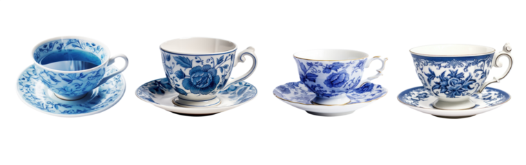 Portuguese or Spanish traditional tile pattern illustration teacup and saucer plate collection - premium pen tool PNG transparent background cutout. 