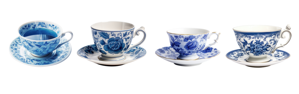 Portuguese or Spanish traditional tile pattern illustration teacup and saucer plate collection - premium pen tool PNG transparent background cutout. 
