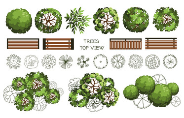Top view elements for the landscape design plan. Trees and benches for architectural floor plans. Maze garden. Various trees, bushes, and shrubs. Vector illustration.