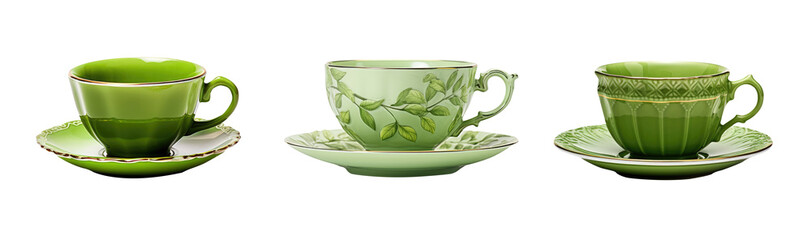 Green and Gold teacup and saucer plate collection -
 premium pen tool PNG transparent background cutout.  - obrazy, fototapety, plakaty