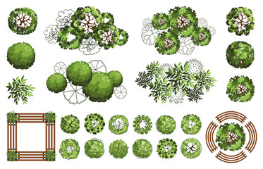 Top view elements for the landscape design plan. Trees and benches for architectural floor plans. Maze garden. Various trees, bushes, and shrubs. Vector illustration.