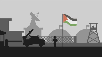 Palestine military base landscape vector illustration. Silhouette of military base with missile truck and palestine flag. Military illustration for background, wallpaper, issue and conflict