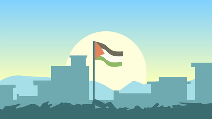 Palestine landscape vector illustration. Silhouette of destroyed buildings at morning with palestine flag. Landscape illustration of destroyed city for background or wallpaper - obrazy, fototapety, plakaty