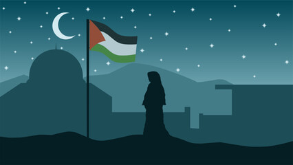 Obraz premium Palestine landscape vector illustration. Silhouette of al aqsa mosque at night with woman muslim walking. Landscape illustration of palestine for background or wallpaper