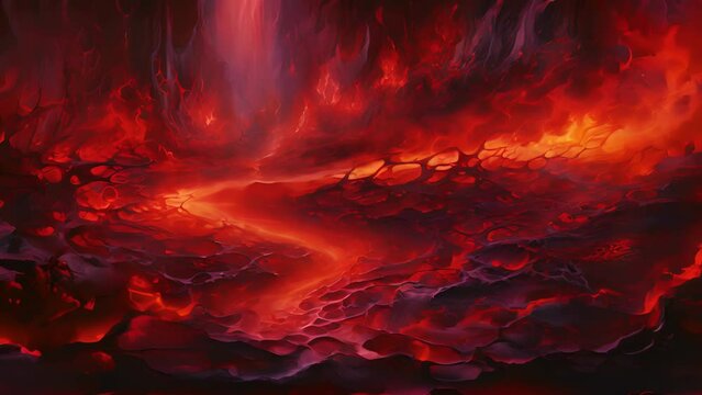 A molten river of ruby, flowing through a darkened landscape. The liquid metal glows with intense heat, casting an otherworldly glow on its surroundings. Its surface ripples and shifts, resembling