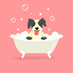 Cute cartoon dog taking bath on the pink background. Vector illustration.