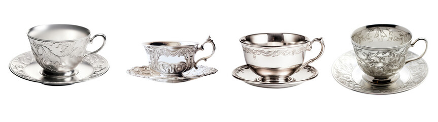 Silver or Chrome teacup and saucer plate collection -
 premium pen tool PNG transparent background cutout.  - obrazy, fototapety, plakaty
