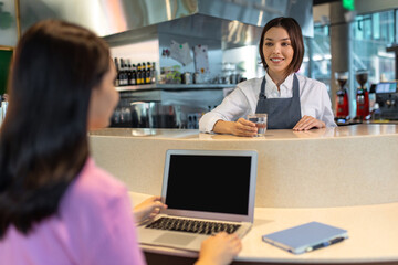 Smiling coffee shop assitant meeting a client