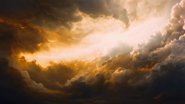 A golden storm, with turbulent clouds of molten gold swirling and crashing against each other. The air is thick with a sense of danger and raw power, as if the storm could consume everything