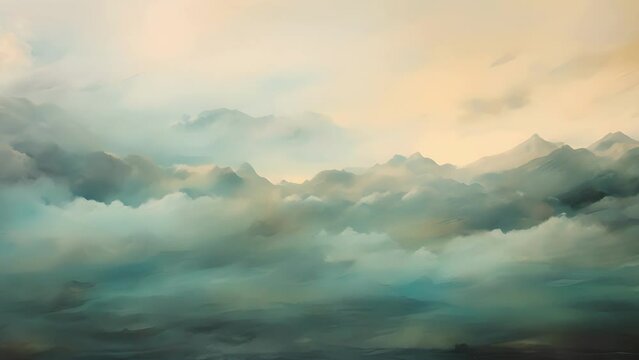 A hazy, dreamlike landscape in shades of teal and emerald, with wispy clouds swirling overhead and a distant, indistinct horizon.