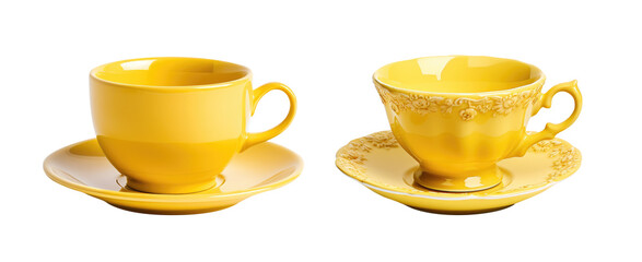 Yellow and gold colored teacup and saucer plate collection - premium pen tool PNG transparent background cutout. 