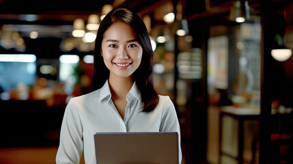 Fototapeta premium YOUNG HAPPY ASIAN WOMAN WITH TABLET. legal AI