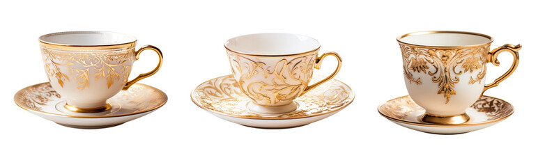 Gold and white teacup and saucer plate collection - premium pen tool PNG transparent background cutout.  - obrazy, fototapety, plakaty