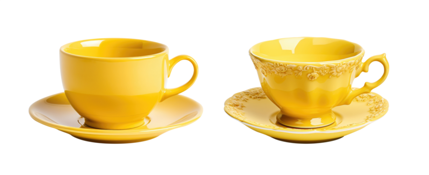 Yellow and gold colored teacup and saucer plate collection - premium pen tool PNG transparent background cutout. 