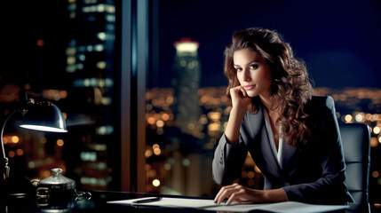 Fototapeta na wymiar PORTRAIT OF A BUSINESSWOMAN IN THE OFFICE OF A HIGH-RISE BUILDING OVERLOOKING THE NIGHT CITY. legal AI