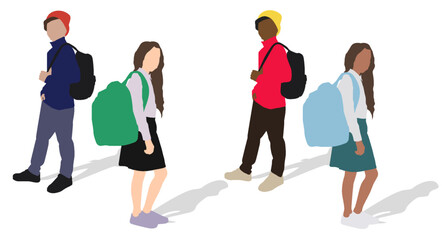 Fototapeta premium Schoolchildren with backpacks, a boy and a girl, white and black. Flat vector illustration isolated on white background.