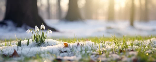 Poster frozen snowdrops blurry park background in spring © krissikunterbunt