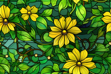 texture de motif de vitrail floral, motif répétable sans couture vert et jaune