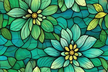 Acrylic prints Stained texture de motif de vitrail floral, motif répétable sans couture vert et turquoise