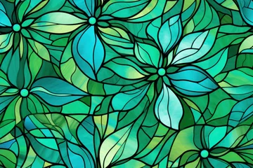 Foto op geborsteld aluminium Glas in lood texture de motif de vitrail floral, motif répétable sans couture vert et turquoise