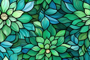 Foto op Plexiglas Glas in lood texture de motif de vitrail floral, motif répétable sans couture vert et turquoise