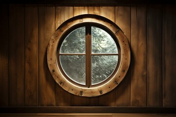 Round window on a wooden surface. Generative AI