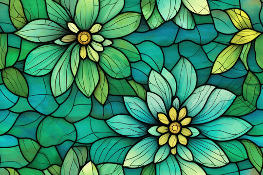 texture de motif de vitrail floral, motif r&eacute;p&eacute;table sans couture vert et turquoise