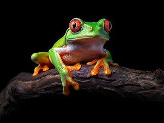 Tree frog on a branch. Isolated in black.