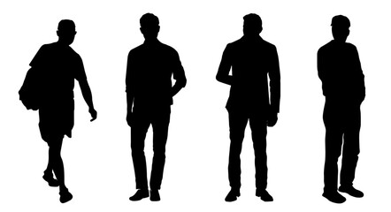 Silhouettes of three adult guys and one elderly man. Diverse people group silhouette. Flat vector illustration isolated on background.