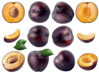 Collection of whole and cut blue plum fruits isolated on white background