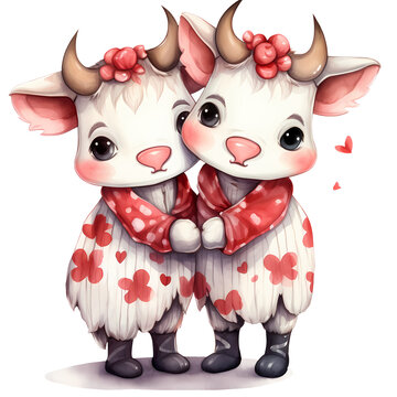 Watercolor Cute Baby Cow Couple Clipart Illustration