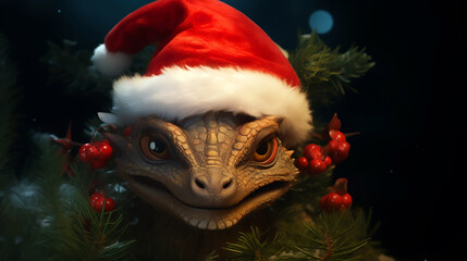 The evil face of a dragon in a Santa Claus hat peeks out of a Christmas tree