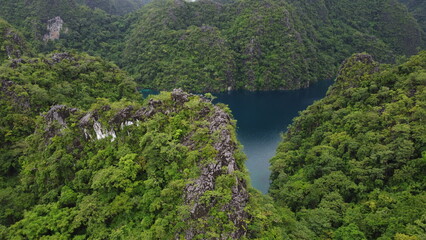 Fototapeta na wymiar Coron's Blue Lagoon, dotted with boats, offers a tranquil vacation scene amidst crystal waters.