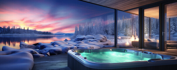 luxury hot tub outdoor in snowy winter landscape at night