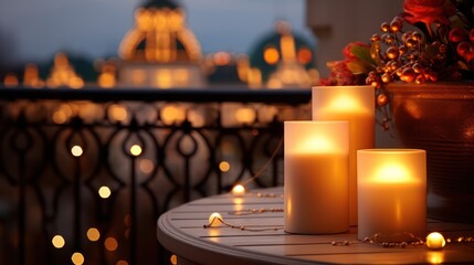 Balcony with burning candles and other decorations on a bright bokeh background