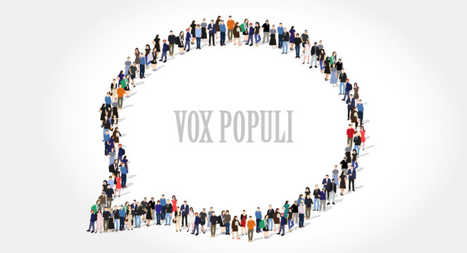 Public opinion poll concept. Chat bubble shape. Voice of the People in Latin. Men and women, black and white. Diverse people group silhouette. Flat vector illustration isolated on background.
