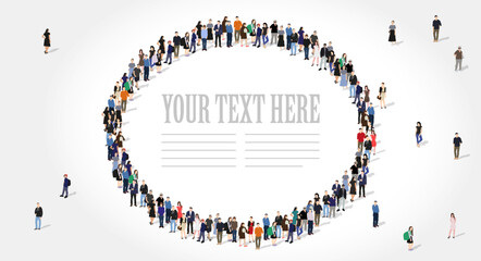 Colored diverse people crowd in the shape of a society circle. Men and women, black and white. Diverse people group silhouette. Flat vector illustration isolated on background.