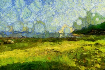 The landscape of a large lake is an impressionist style painting.