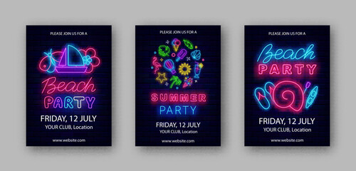 Beach party neon vertical posters collection. Beach event flyers set. Light advertisings template. Vector illustration - obrazy, fototapety, plakaty
