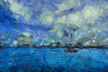 Landscapes of sea bays and harbors in large cities are impressionist style paintings.