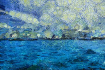 Landscapes of sea bays and harbors in large cities are impressionist style paintings.