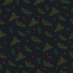 Seamless Christmas pattern. Holly on a dark background. Vector.
