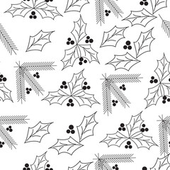 Seamless christmas pattern. Black and white thin lines. Vector Illustration.