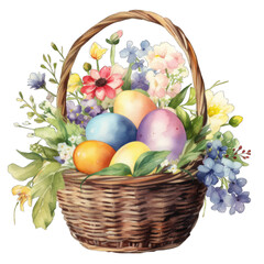Spring easter eggs in a basket isolated on white transparent background